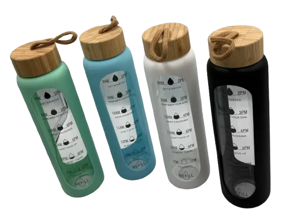 Gourdes verre protection silicone 1l - Gourdes verre bouchon bois 1l - Breizhilience.fr